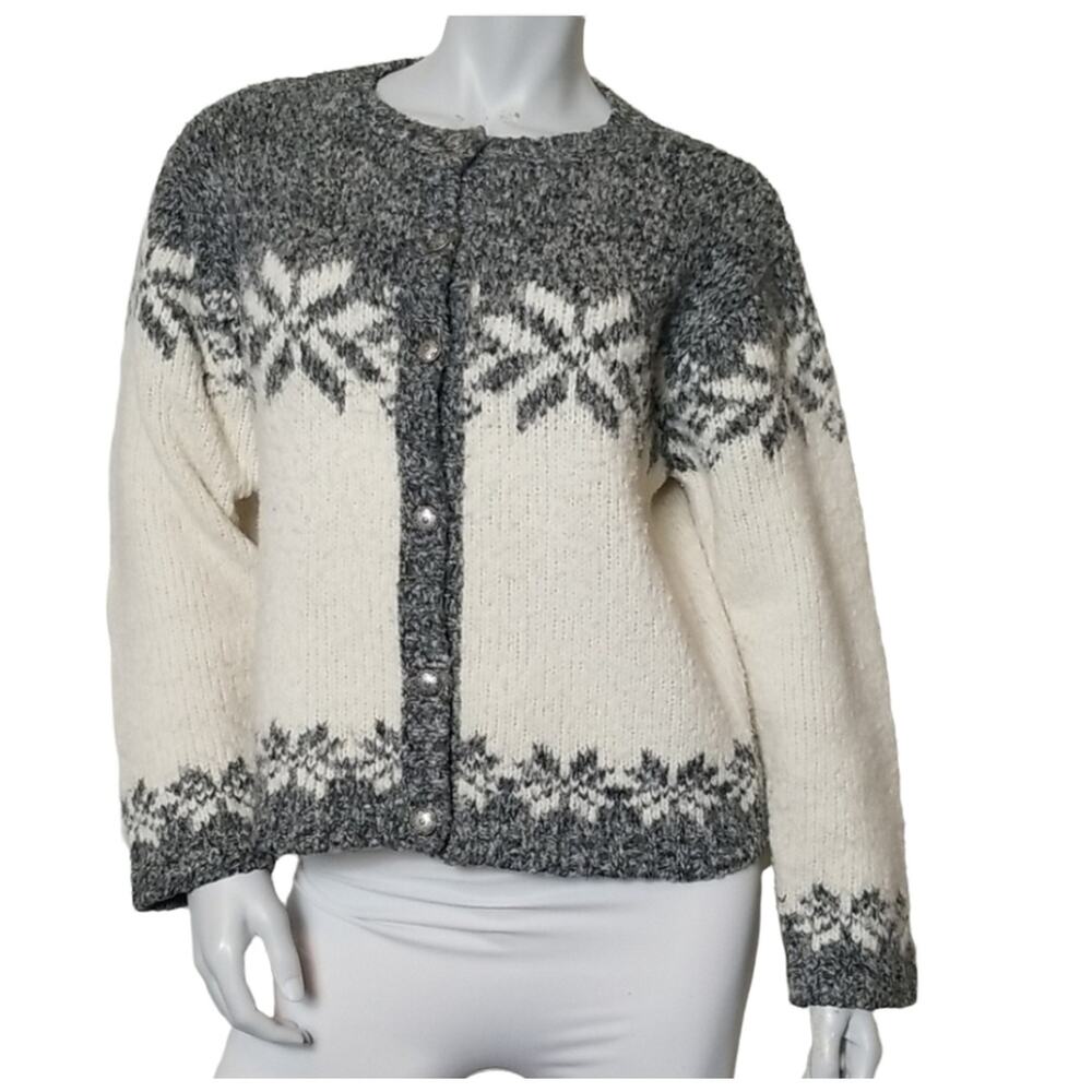 Nomadic Traders Womens Large Sweater Knit Button Down Grey & Cream Wool Acrylic